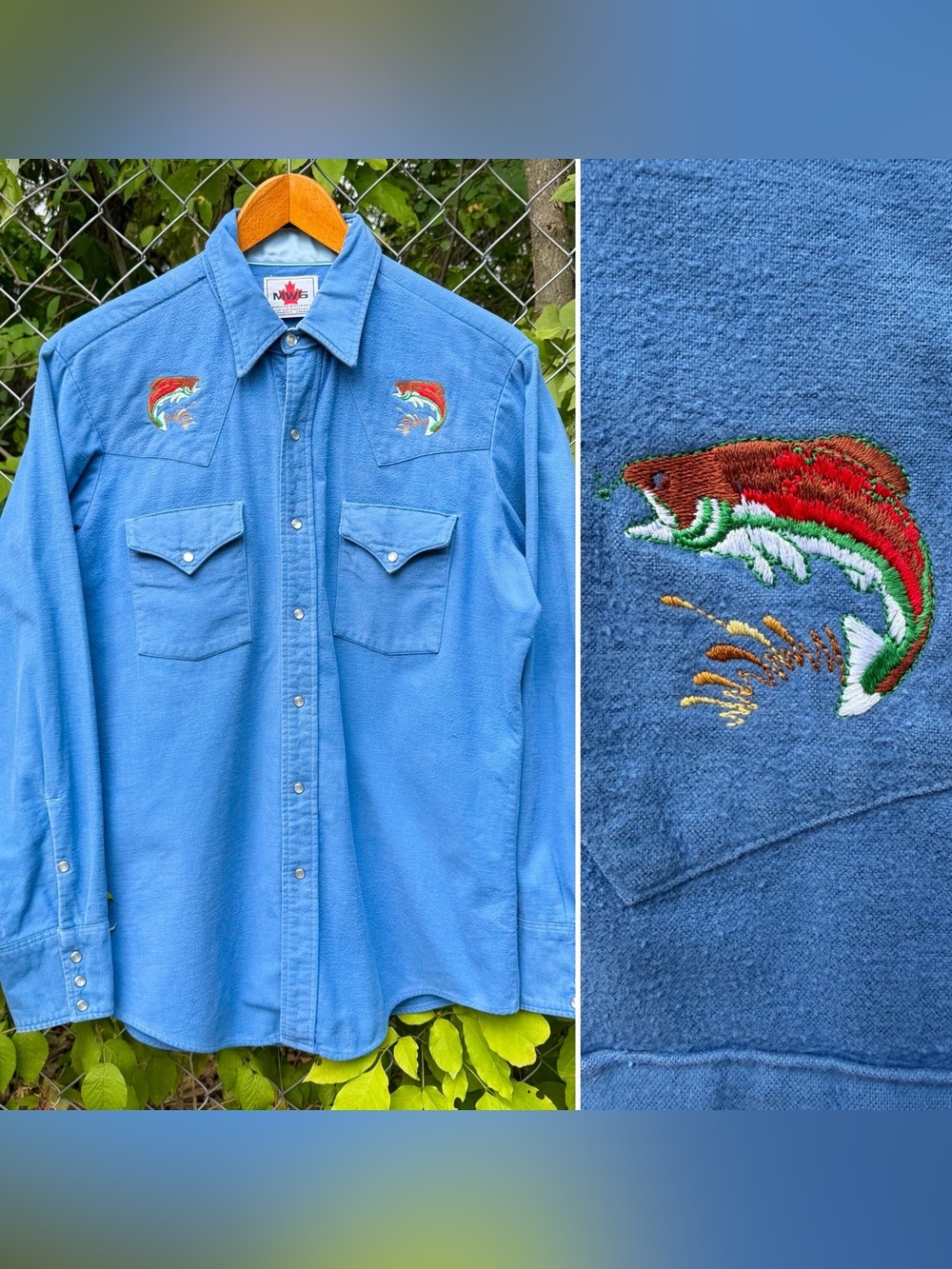 Vintage FISHING SNAP SHIRT Western Flannel Embroidered Embroidery Fish MWG